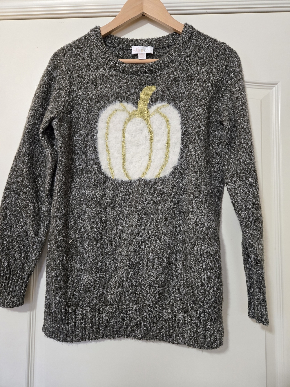 Belle by Kim Gravel Gray Crewneck Sweater with White & Gold Pumpkin Cozy Fall